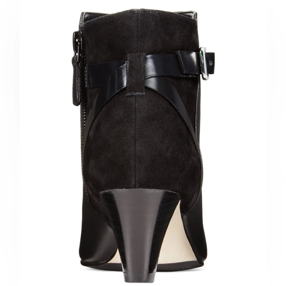 Cole Haan Sylvan Black Leather Suede Ankle Booties w Buckled Belt Hardware